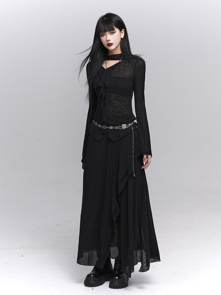 Gothic Black Maxi Skirt with Asymmetrical Draping and Elastic Waist - Lady Ghost