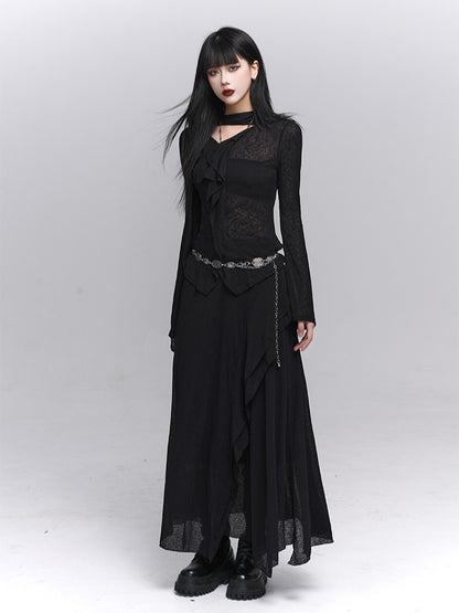 Gothic Black Maxi Skirt with Asymmetrical Draping and Elastic Waist - Lady Ghost