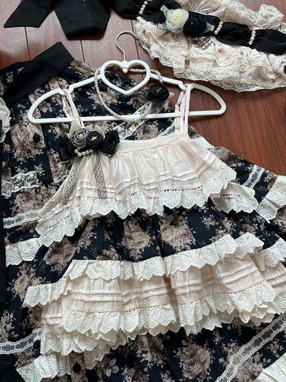 Black Rosette Print and Top Cami Tiered Beige