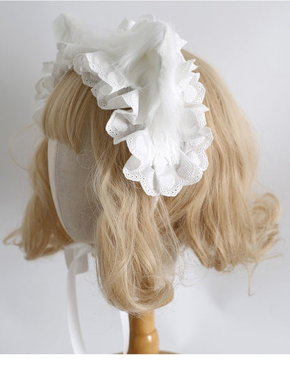 BlackWhite/All With Lolita White Ruffled Clips Plush Hairband Ear Kitty Sweet