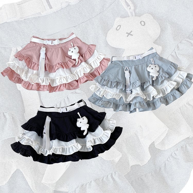 Blue Jirai Kei Techwear Tiered Ruffle Skirt with Kitty Detail