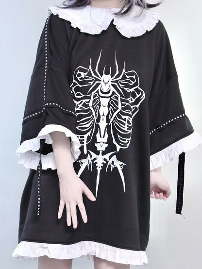 Trim Kei Ruffles Insect Decorated Pan Peter Leg With Jirai Print Studs Collar T-shirt Black Warmers