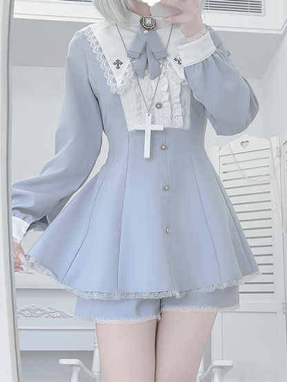 Water Kei Collar Blue Jirai Ensemble: Dress Ethereal Cross-Embroidered