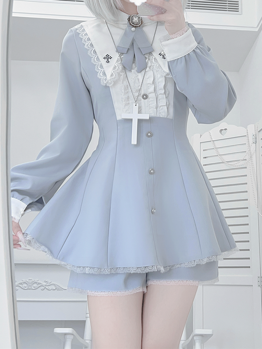 Water Kei Collar Blue Jirai Ensemble: Dress Ethereal Cross-Embroidered