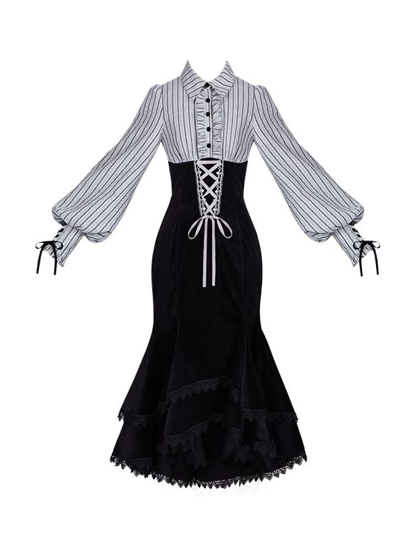 Blouse Mermaid Fake Black Pieces Two Waist and Lolita Skirt Boned Design Dress Striped