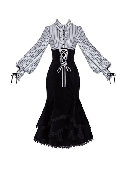 Blouse Mermaid Fake Black Pieces Two Waist and Lolita Skirt Boned Design Dress Striped