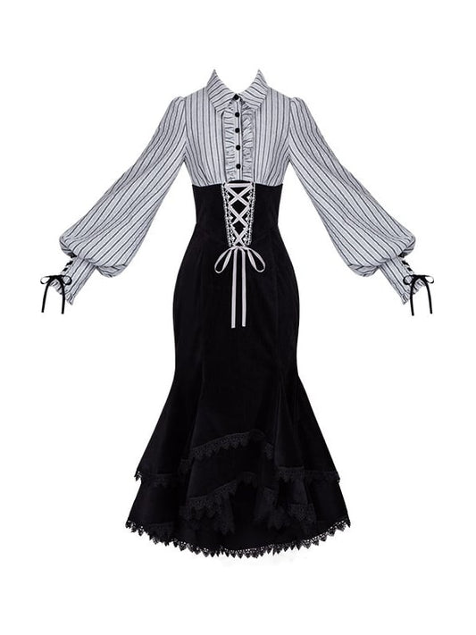 Blouse Mermaid Fake Black Pieces Two Waist and Lolita Skirt Boned Design Dress Striped