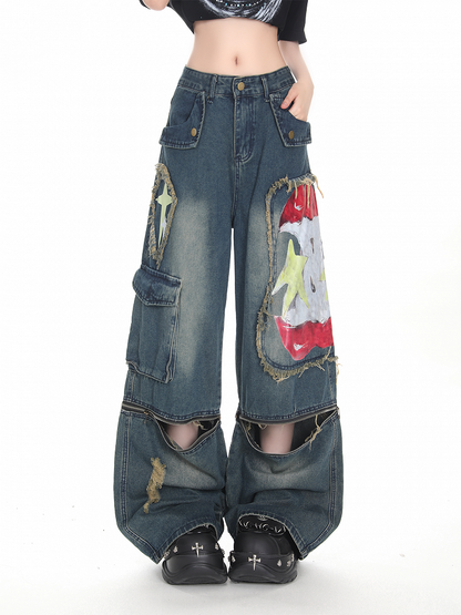 Wide-leg Deep Y2K Blue Graffiti with Print Distressed Jeans Convertible Apple Design