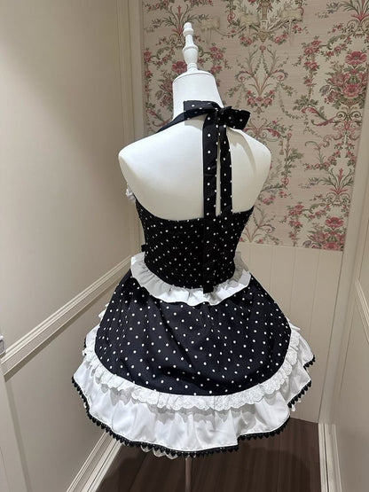 Black and White Polka Dot Elegant Halter Neck Dress / Black Peter Pan Collar Semi-Sheer Tulle Blouse
