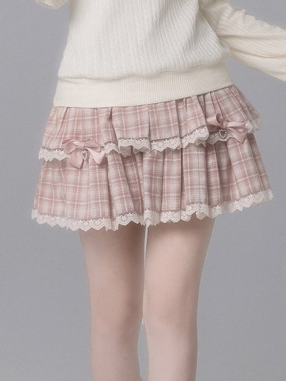 Pink Kei With Skirt Lace Details Plaid Fashion Bow Decor Seiso
