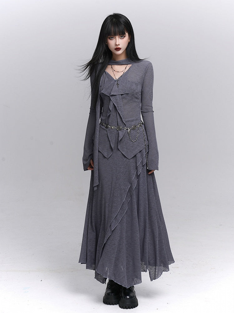 Gray Gothic V-Neck Top with Elegant Ruffle Front & Attached Neck Strap - Lady Ghost