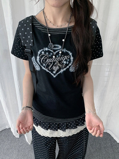 2-Color Y2K Polka Dot Striped Short Sleeve T-Shirt with Heart and Letter Print - Solkatt