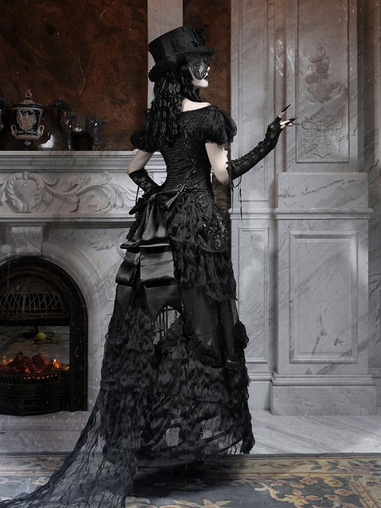 Sleeves Top Puff Edwardian Off-the-shoulder Vintage Neckline and Black