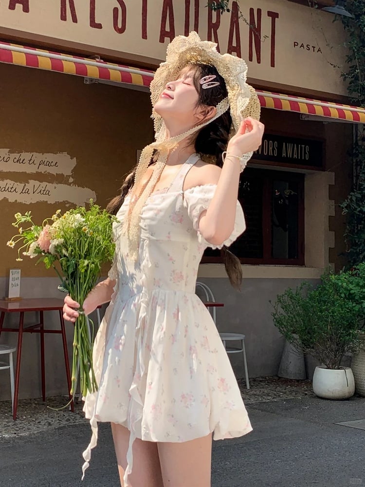 Waist Sweet White Puff Sleeves Basque Halter Neck Floral Dress