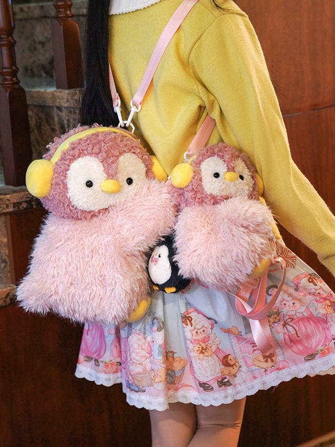 Schlüsselanhänger-Plüschtasche + süßer Pinguin, mittlere/große rosa Rucksack-/Crossbody-Größe