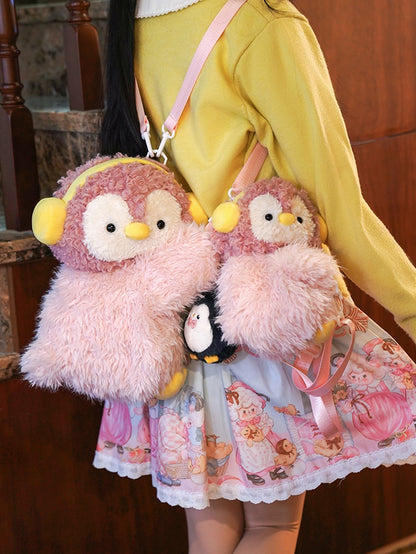 Schlüsselanhänger-Plüschtasche + süßer Pinguin, mittlere/große rosa Rucksack-/Crossbody-Größe