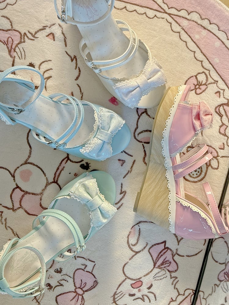 学校で履くピンクのリボントップのサンダル、スウィートオールドロリータウェッジ