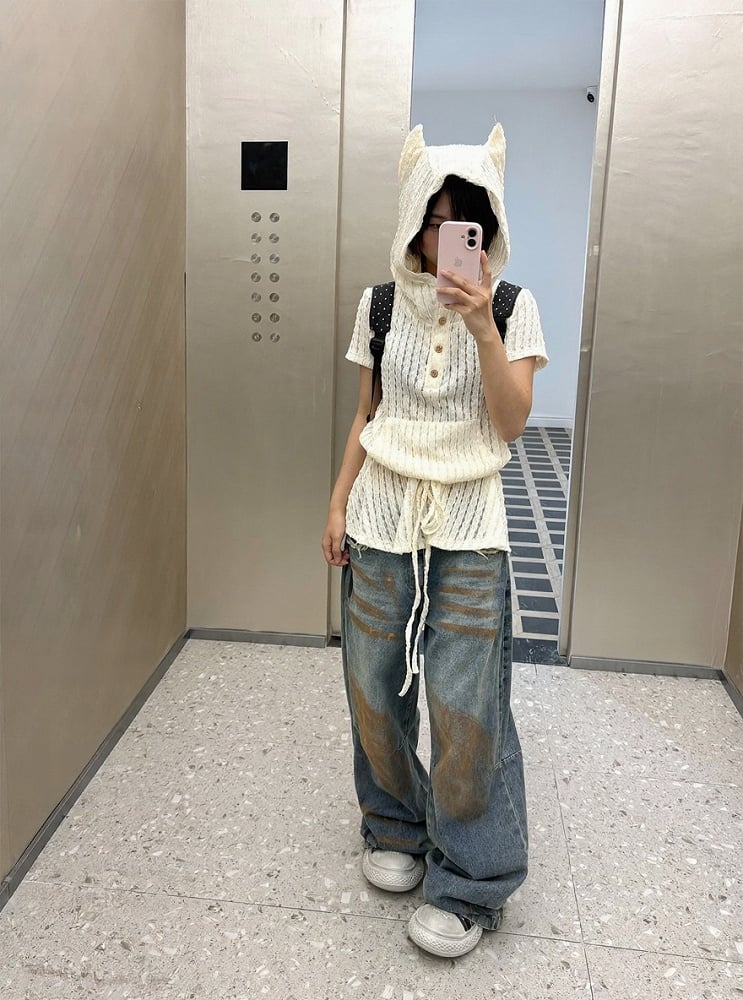 with Hoodie Kawaii Beige Devil Horn Drawstring Short Sleeve Waist