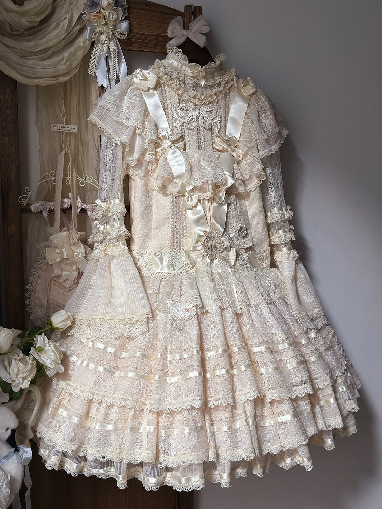 Retro Beige Lolita Lace Gown with Satin Ribbon Accents - Twin Bear Original Design