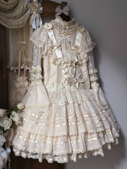 Retro Beige Lolita Lace Gown with Satin Ribbon Accents - Twin Bear Original Design
