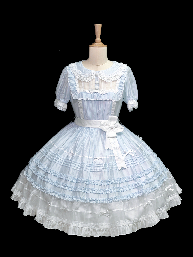 und Peter Collar Lolita Kurzes blaues Pan-Kleid mit weißen Ärmeln