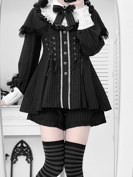 Matching + Bow Shorts Set Design Striped Dress Kei Cape Tie Jirai Black Long-Sleeve Lace-Up