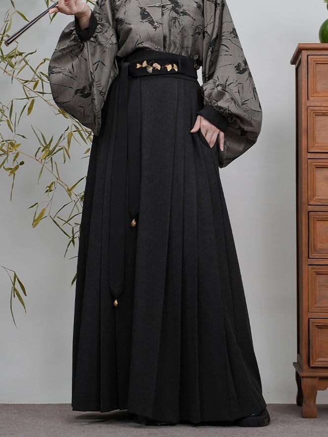 Pleated Style Detail Skirt Chinese with Waistband Elastic Black