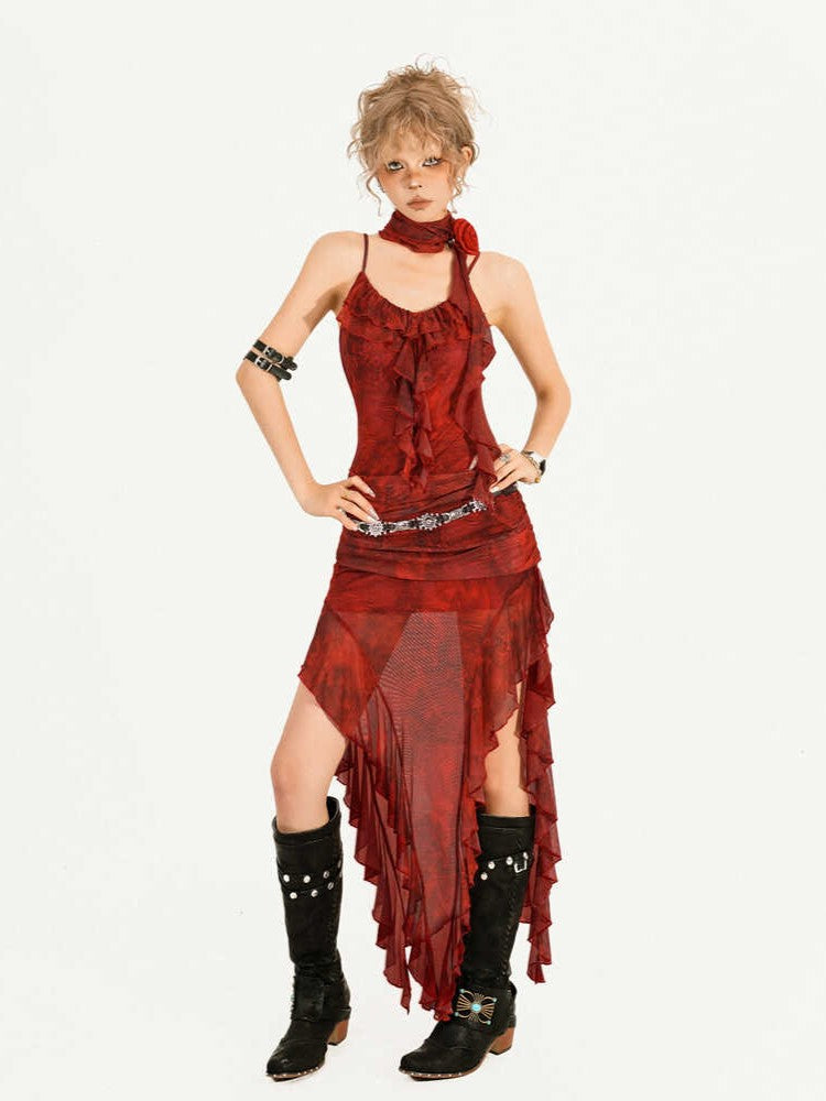 Slip Red Asymmetrical Tie-Dye Brooch Floral Print Layered Mesh with Flame Dress Hem