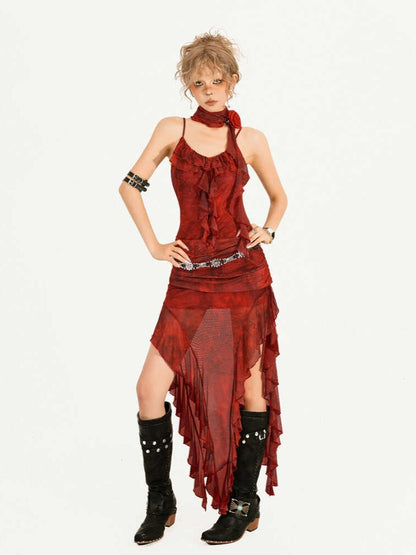 Slip Red Asymmetrical Tie-Dye Brooch Floral Print Layered Mesh with Flame Dress Hem