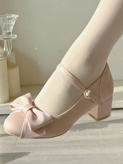 PU Silk Sakura Pink Elegant Lolita Mid-heel Mary Janes with Bow Accent & Circular Snap Closure
