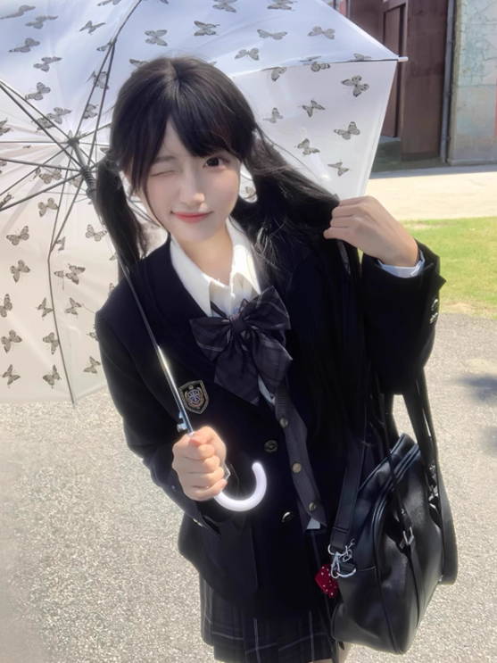 Style Cuffs Decorated Design Preppy JK Uniform Badge Button Dark Blazer Blue