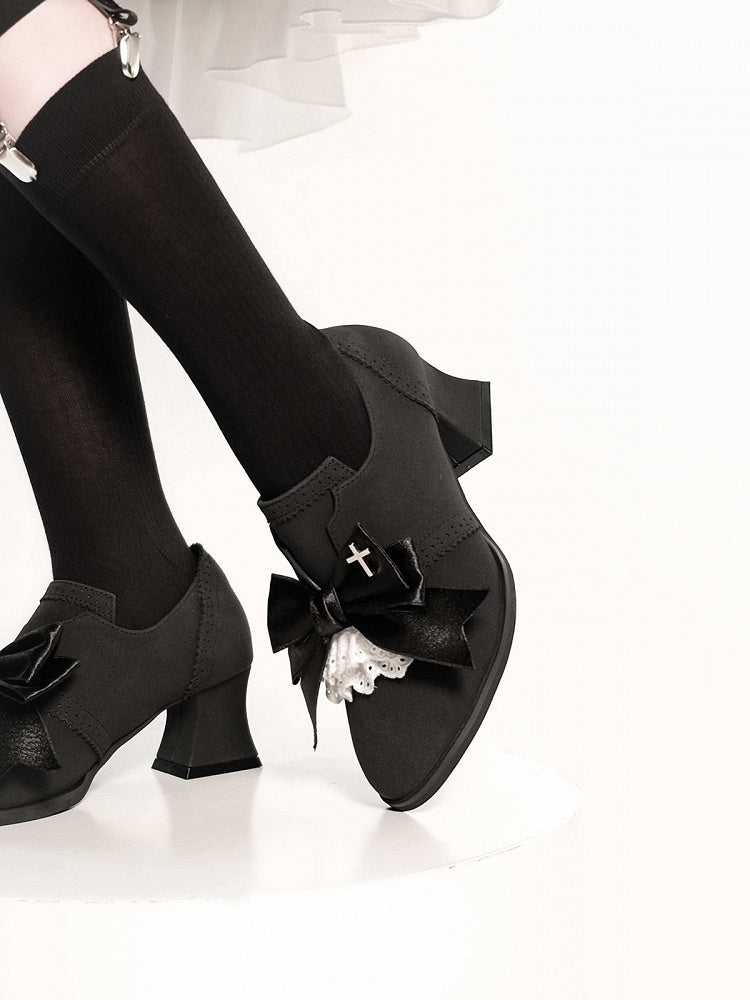 Black Velvet Gothic Bowknot High Heels Cross Lace - EvilStar