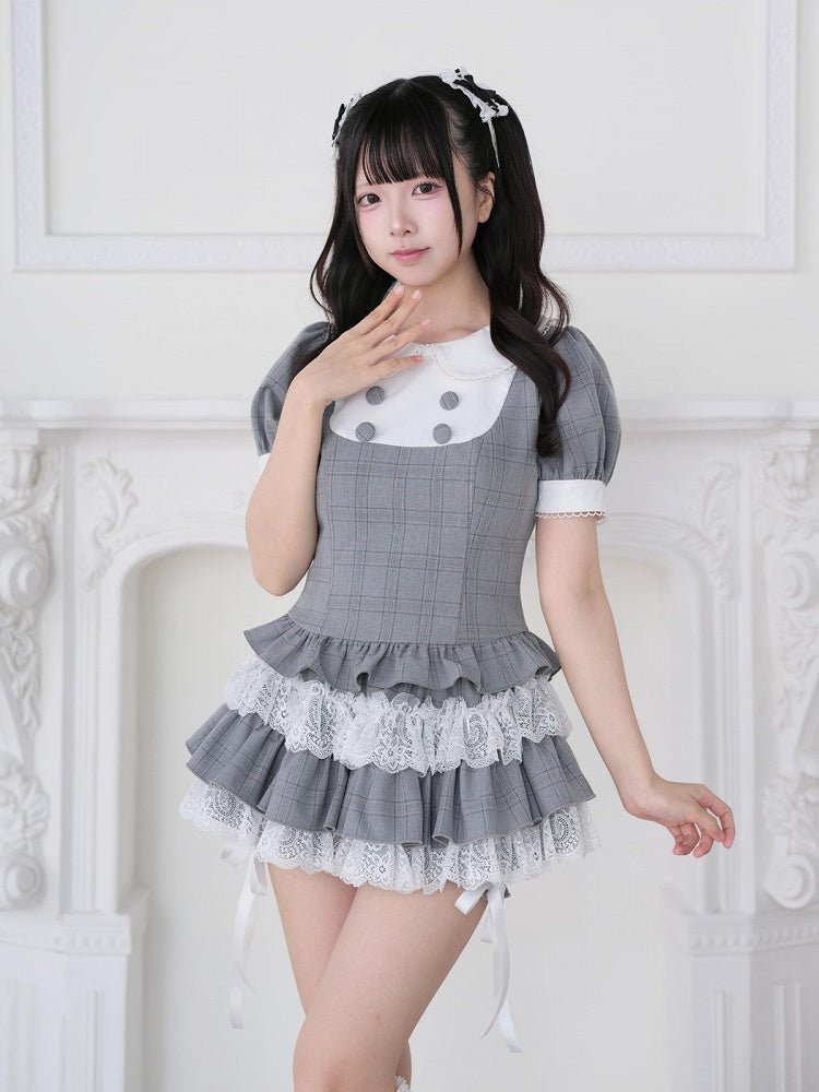 Gray Plaid Two-piece Set - Peter Pan Collar Top + Lace Ruffle Tiered Skirt - Landmine Style - No Genki