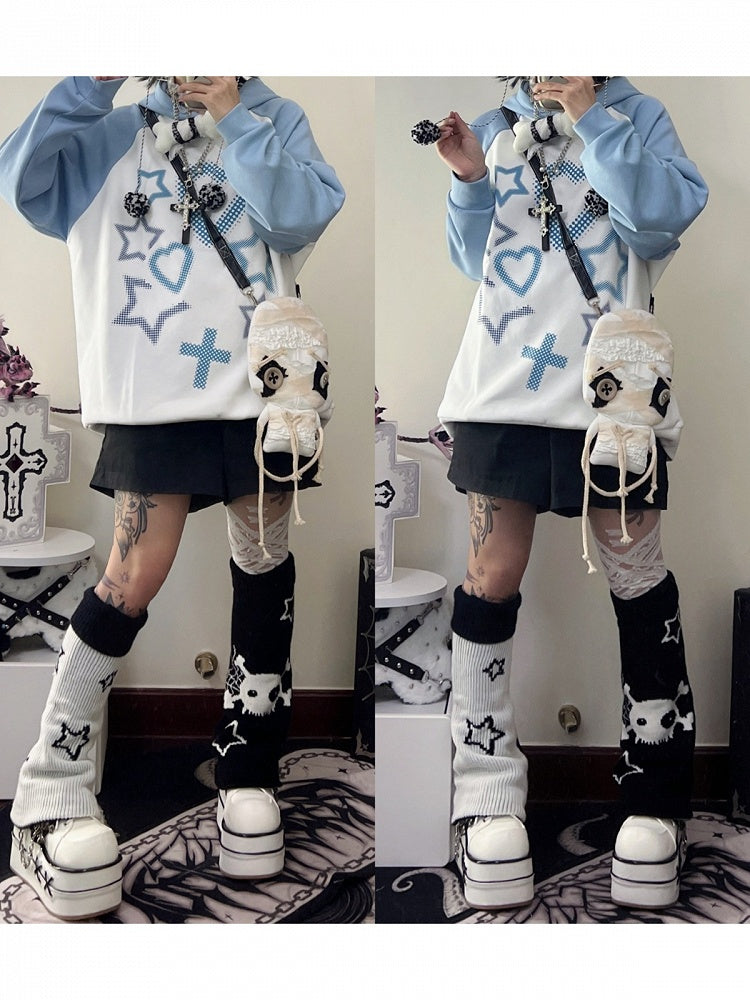 Blue-White Hoodie with Cross & Heart Print - Alita26SS