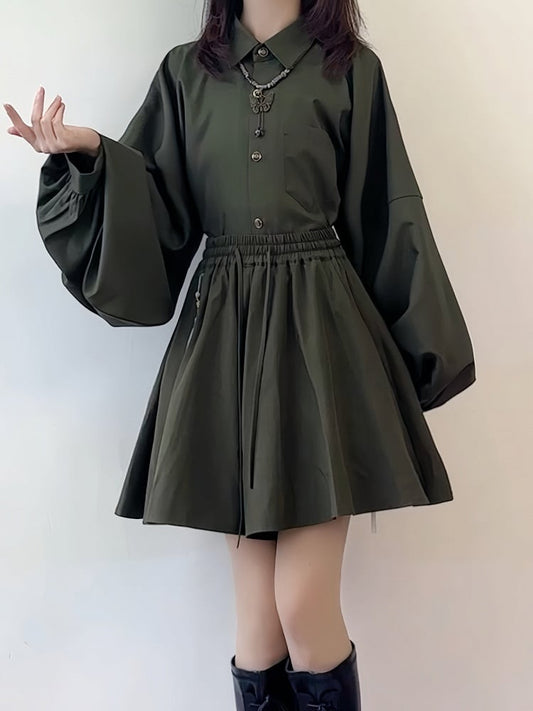 Green Drawstring Elastic Skort with Tassel Accents - Feng Hua Gui Guo Ling