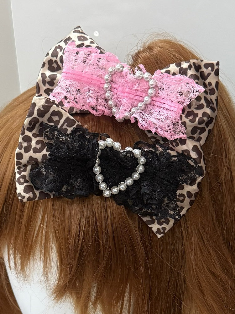 Pattern Pink/Black Leopard Beaded Bowknot Heart Decorated Hairclip