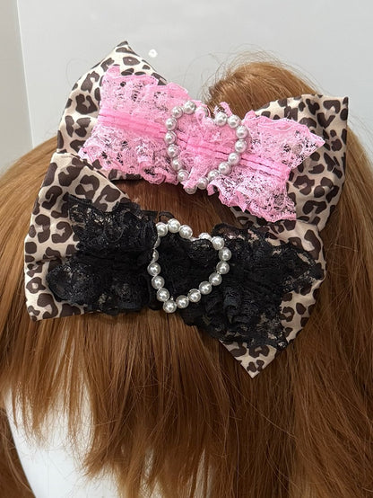 Pattern Pink/Black Leopard Beaded Bowknot Heart Decorated Hairclip