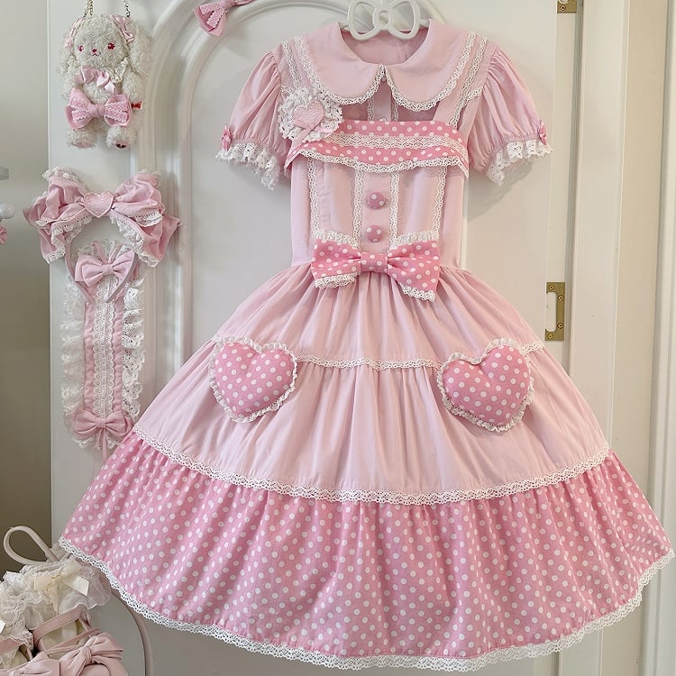 Baumwolle Alt Polka Pink Dots Schulkleid Lolita Weiß