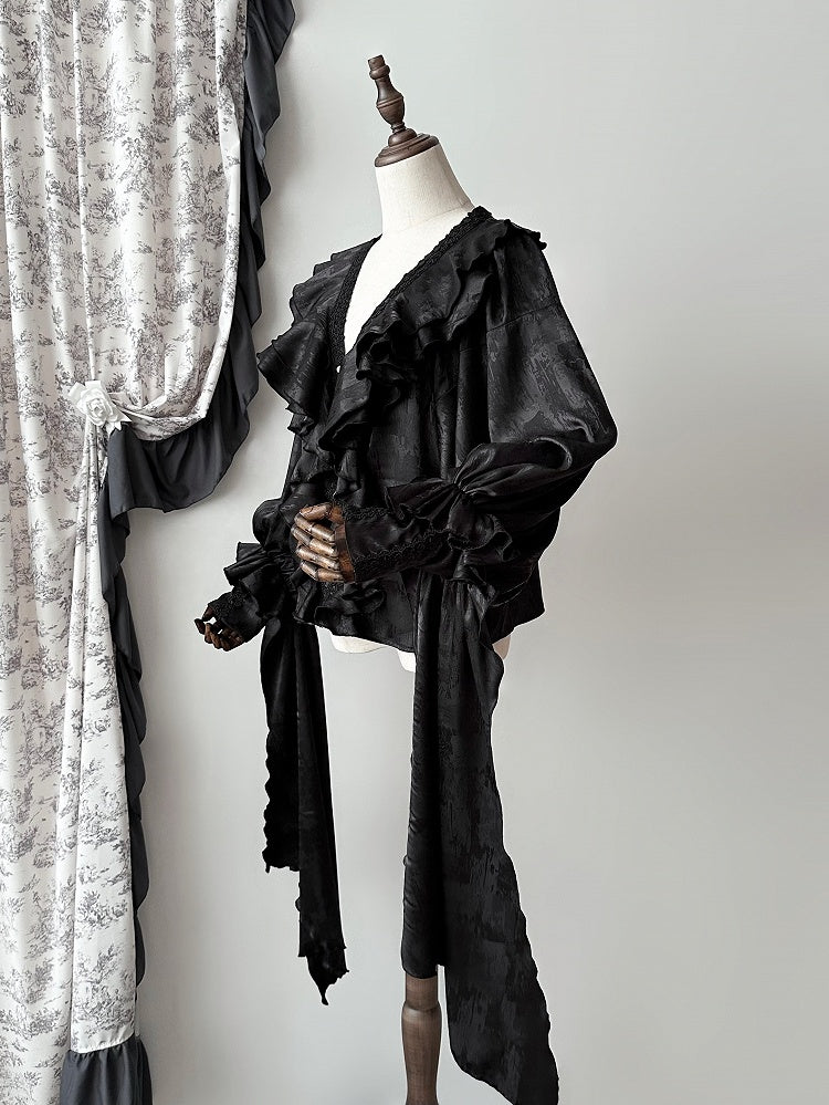 Structured Shirt V-neck Black Gothic Ruffles Long Sleeves Lolita