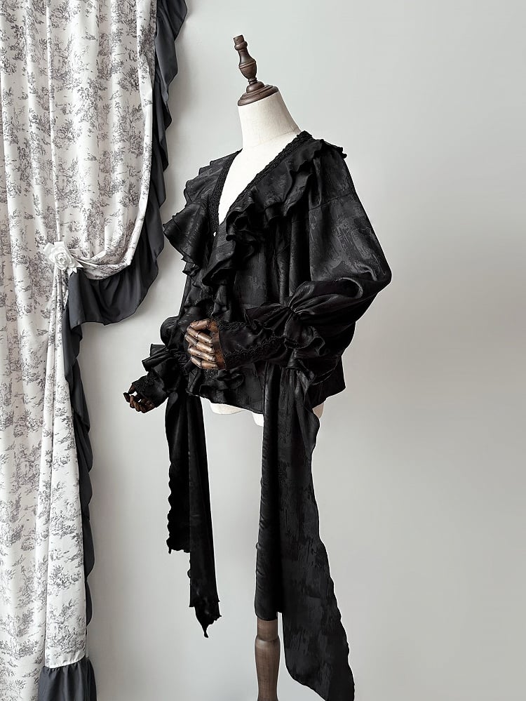 Sleeves Long Ruffles Black V-neck Gothic Lolita Structured Shirt