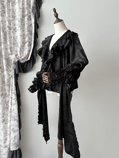 Sleeves Long Ruffles Black V-neck Gothic Lolita Structured Shirt