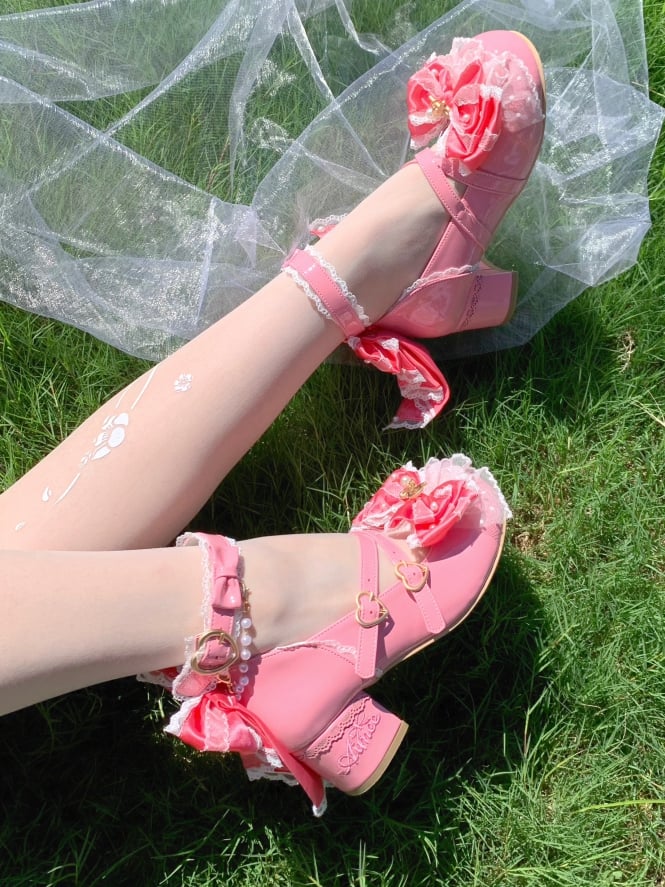 Design at Peach Crisscross Bow Sweet Lace Decorated Pink Lolita Trim Shoes Beaded Top
