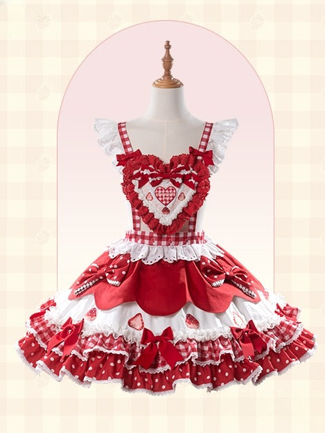 Lolita and Strawberry Red Overall Sweetheart Applique Dress Sweet Print Bows with