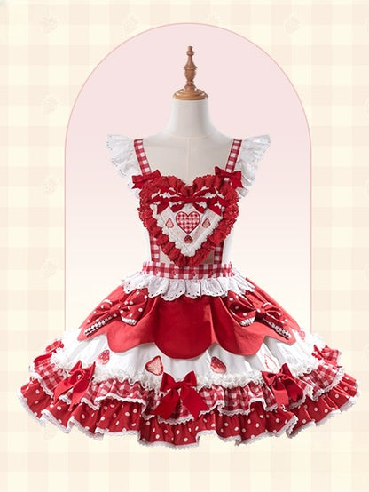 Lolita and Strawberry Red Overall Sweetheart Applique Dress Sweet Print Bows with