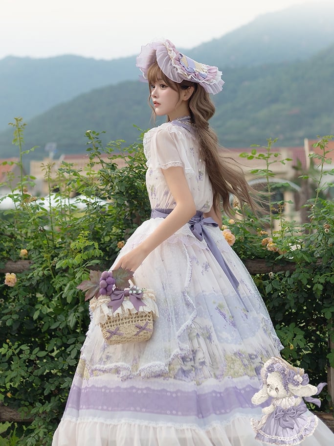 Set Elegant Top Classic Full Purple - Grape-Print Necklace Skirt + Lolita
