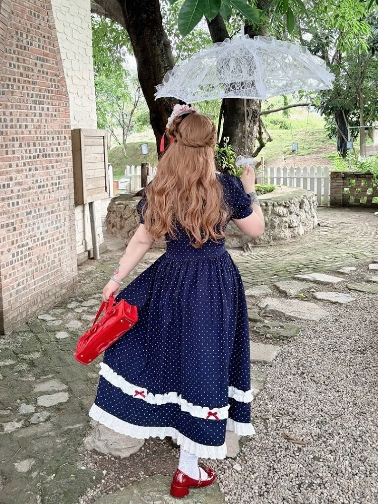Plus Size Dark Blue Polka Dot Dress with Red Bow & Lace - Hard Candy