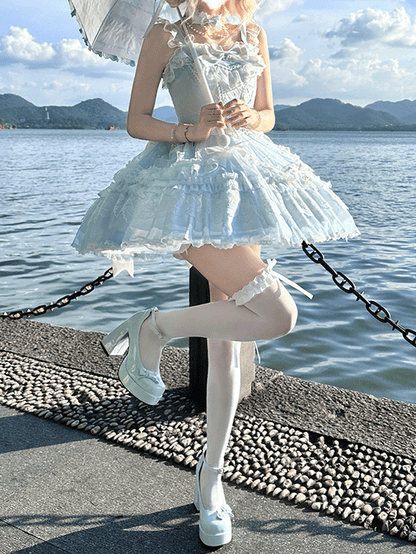 Jumper Detachable Sleeves Skirt Sweet Lolita Dress Flutter with Big Blue Lace-up Bodice High Waist Bow