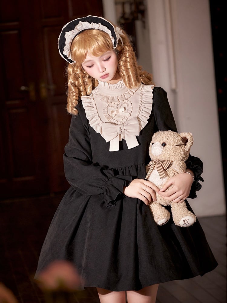 Beige Ruffle Neckline Black High-Waisted Long Balloon Sleeves Lolita Dress Short Version