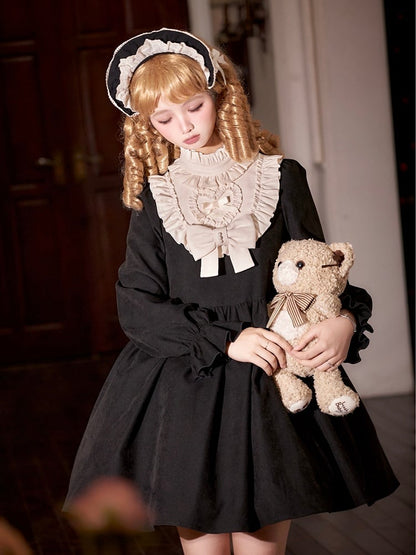 Beige Ruffle Neckline Black High Waist Long Balloon Sleeves Lolita Dress Short Version