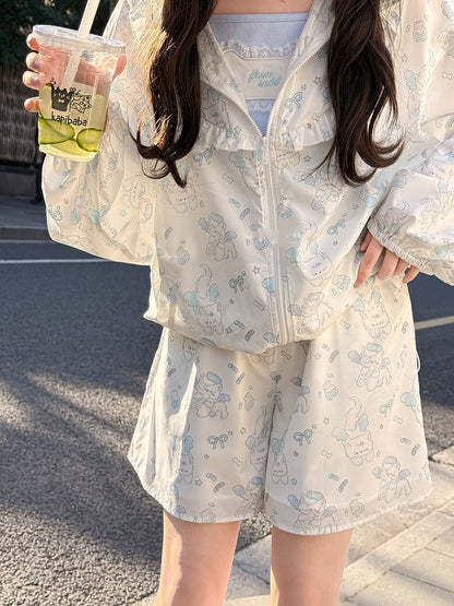 Ohren Kapuze Design Kitty Print Kitty Sonnenschutz Jacke Weiß Entzückend